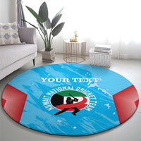 Blue round cricket team carpet with centered logo and red wedge accents; custom text banner