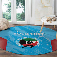 Blue round cricket team carpet featuring circular emblem and red side sections; custom text