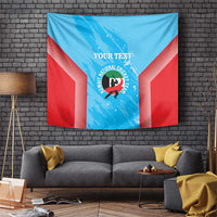 Blue and red cricket tapestry with central emblem and 'YOUR TEXT' banner for customization