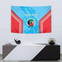 Cricket tapestry wall hanging with blue-and-red graphic rays, central emblem, and 'YOUR TEXT'