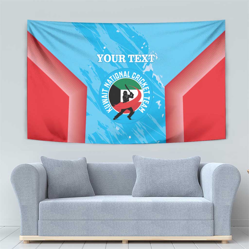 Blue and red cricket-themed tapestry with emblem medallion and white 'YOUR TEXT' lettering