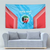 Blue and red cricket-themed tapestry with emblem medallion and white 'YOUR TEXT' lettering