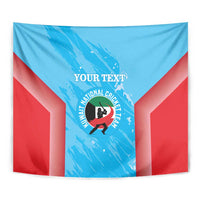 Close-up blue cricket tapestry with central emblem, white 'YOUR TEXT', and red side stripes