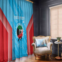 Cricket themed window curtain panels, light blue with red diagonal stripes and team logo