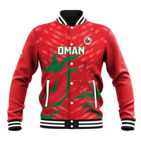 Red Oman baseball jacket with striped rib collar, button front, and crest graphic