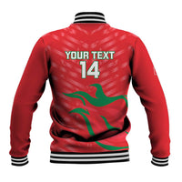 Red baseball jacket back with Your Text and 14, striped rib hem and cuffs