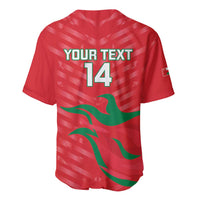 Red cricket jersey back with YOUR TEXT 14 print and green flame graphic