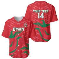 Red Oman cricket baseball jersey front and back with green flame pattern, button V-neck