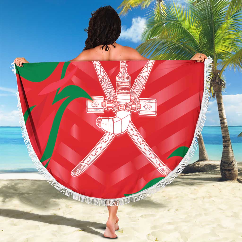 Red round beach blanket with white fringe, Oman crest design and custom text