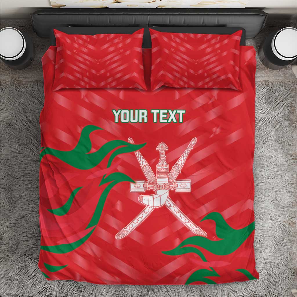 Red bedding set with green flag waves and crossed swords emblem; includes two matching pillowcases.