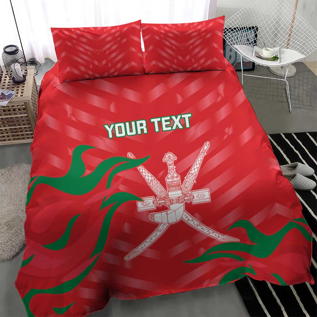 Red bedding set featuring green flag waves and crossed swords graphic on the duvet and pillows.