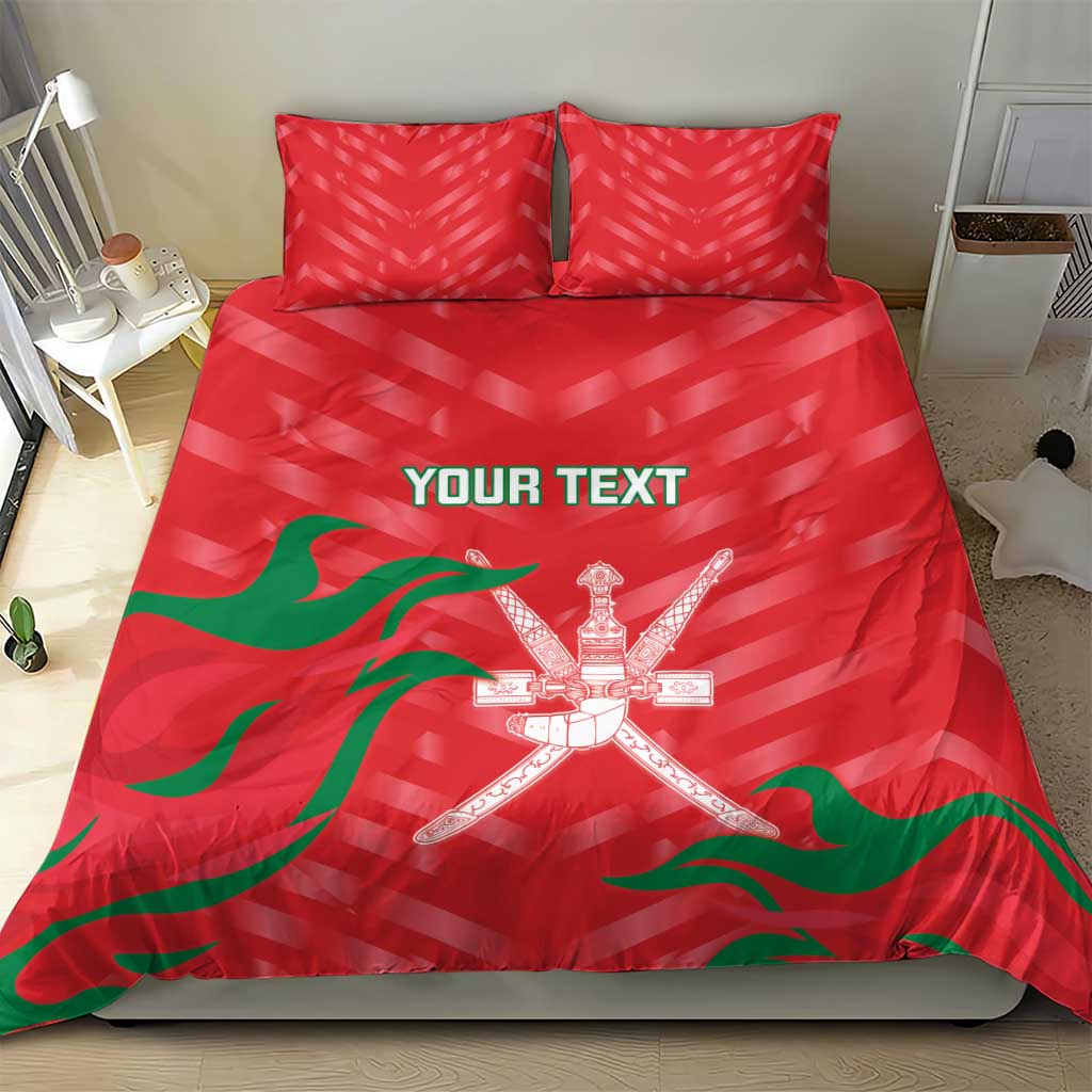 Red duvet with green flag waves, crossed swords emblem, and two matching red pillowcases.