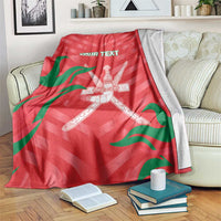 Red custom cricket blanket with green flag stripes, crossed swords emblem, 'YOUR TEXT'
