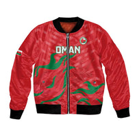 Red bomber jacket with front zipper, black ribbed cuffs and hem, Oman graphic