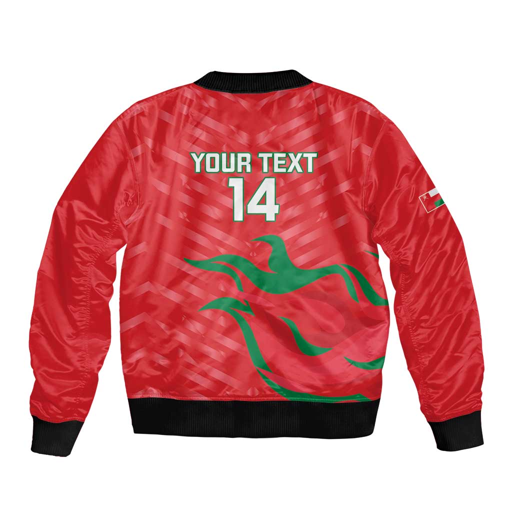 Red bomber jacket with black ribbed trim, green flame graphic, YOUR TEXT 14