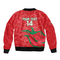 Red bomber jacket with black ribbed trim, green flame graphic, YOUR TEXT 14