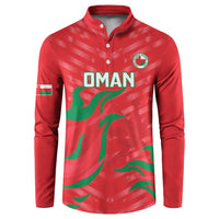 Red button-front sweatshirt with Oman emblem and green wave flag graphics