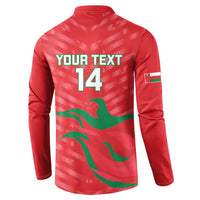 Red back button sweatshirt with YOUR TEXT 14 and green wave flag graphics