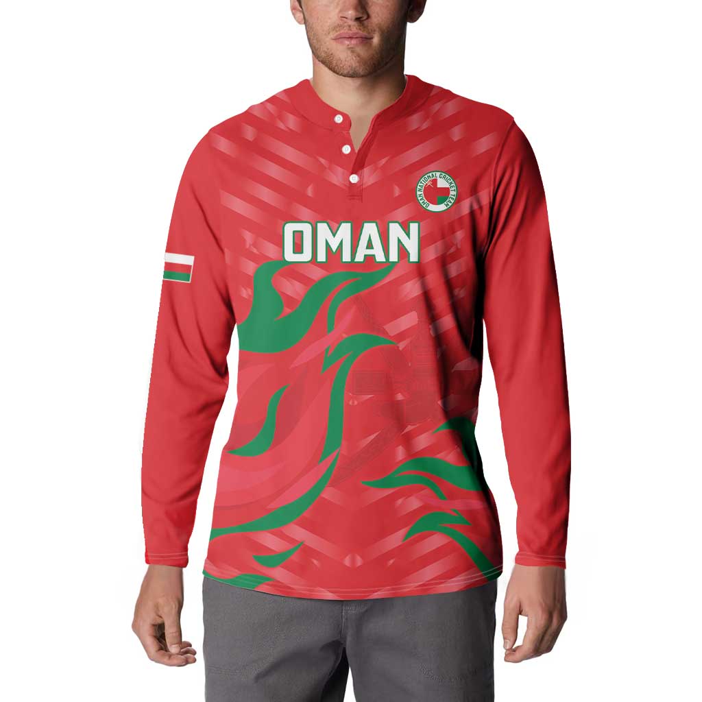 Red button-front sweatshirt with Oman emblem, OMAN text, and green flag wave print