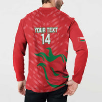 Red back button sweatshirt with YOUR TEXT 14 and green wave flag print