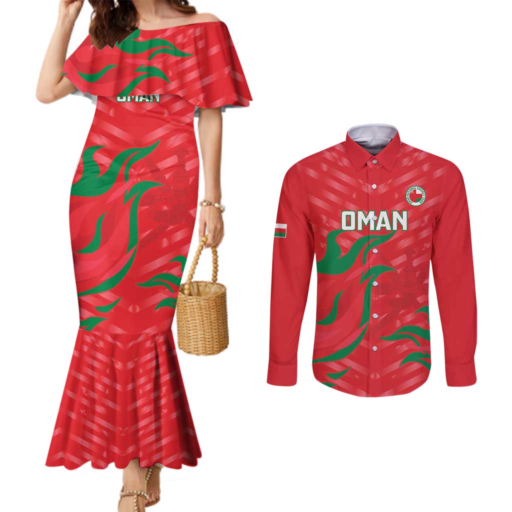 Custom Oman Cricket Couples Matching Mermaid Dress and Long Sleeve Button Shirt Go Champions Strong Flame Style