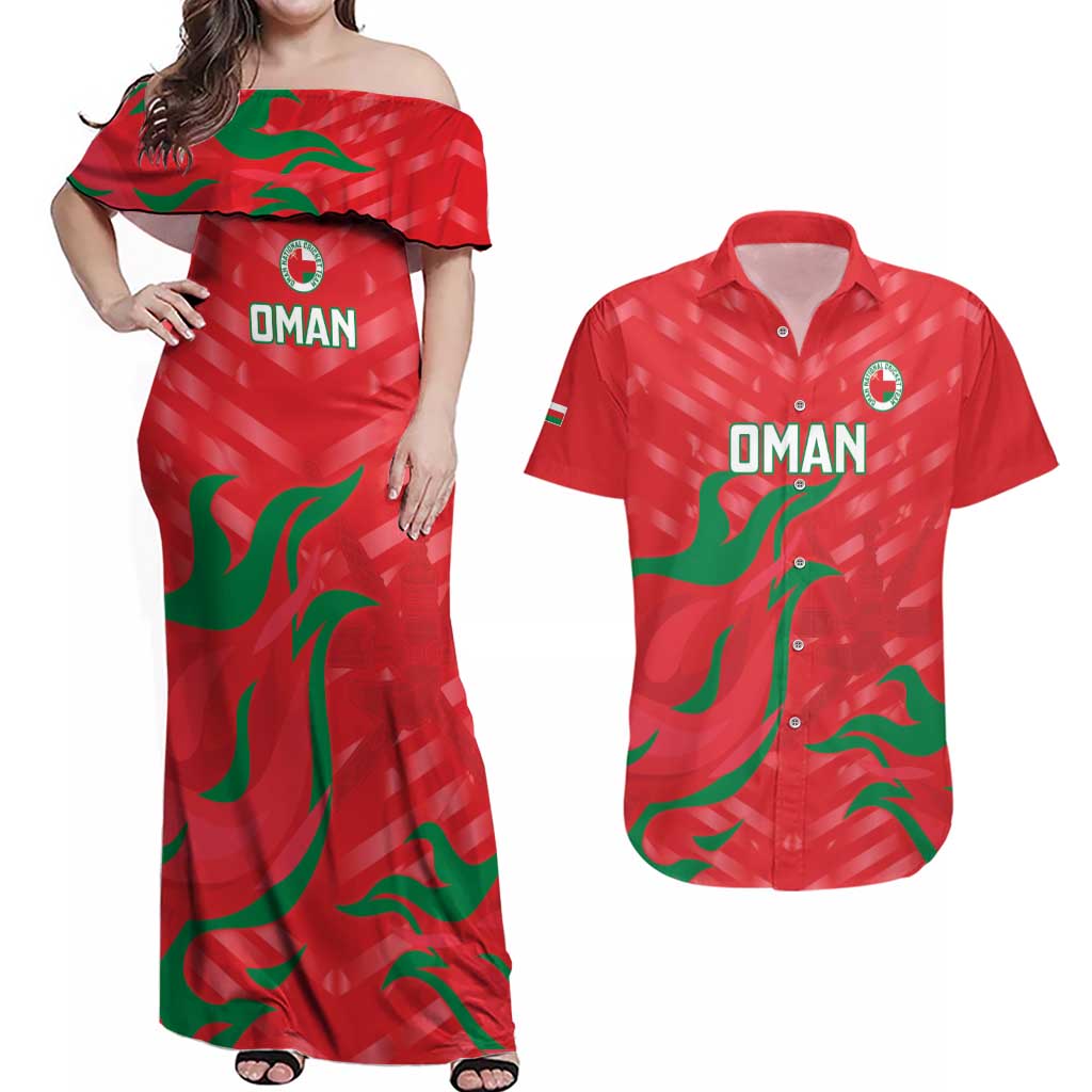 Custom Oman Cricket Couples Matching Off Shoulder Maxi Dress and Hawaiian Shirt Go Champions Strong Flame Style - Wonder Print Shop