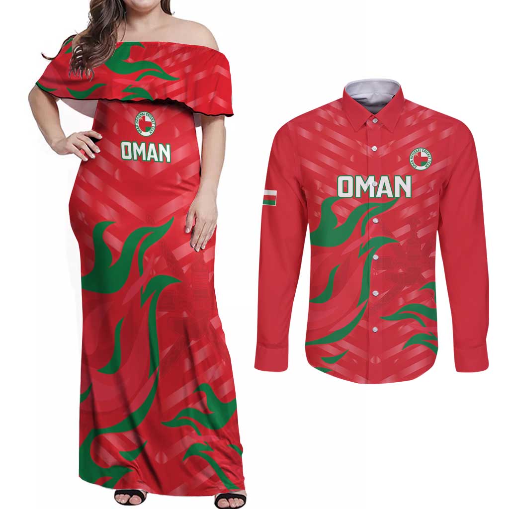 Custom Oman Cricket Couples Matching Off Shoulder Maxi Dress and Long Sleeve Button Shirt Go Champions Strong Flame Style - Wonder Print Shop