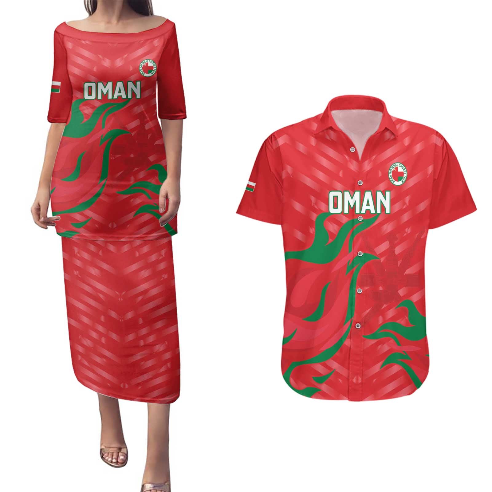 Custom Oman Cricket Couples Matching Puletasi and Hawaiian Shirt Go Champions Strong Flame Style - Wonder Print Shop