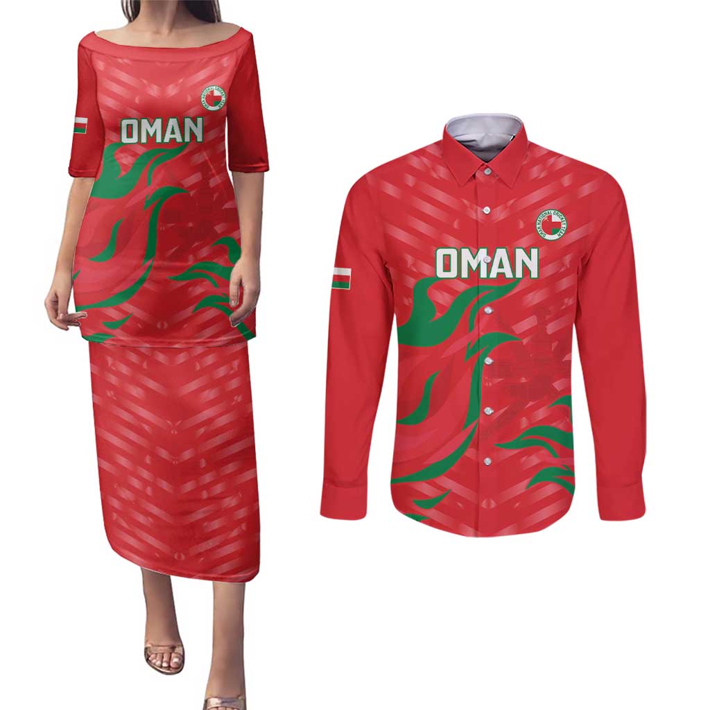 Custom Oman Cricket Couples Matching Puletasi and Long Sleeve Button Shirt Go Champions Strong Flame Style - Wonder Print Shop