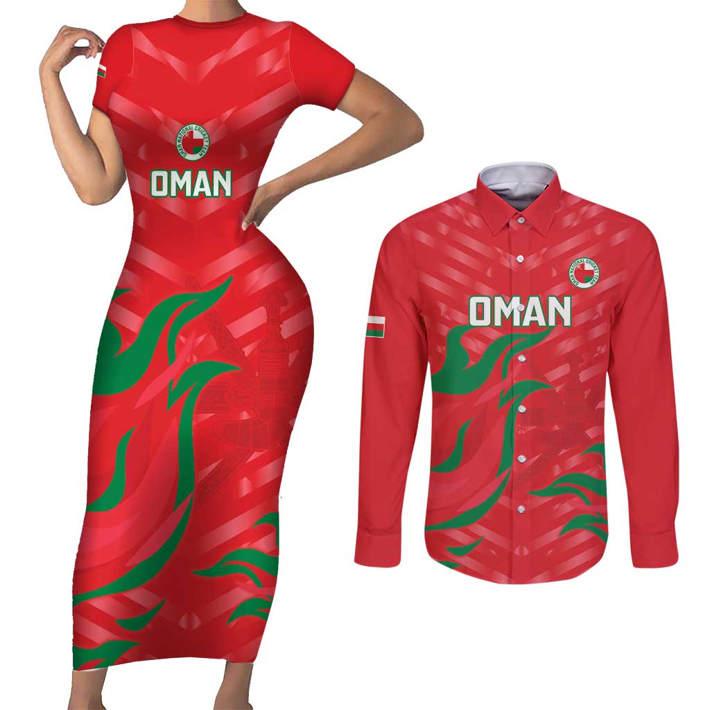 Custom Oman Cricket Couples Matching Short Sleeve Bodycon Dress and Long Sleeve Button Shirt Go Champions Strong Flame Style - Wonder Print Shop