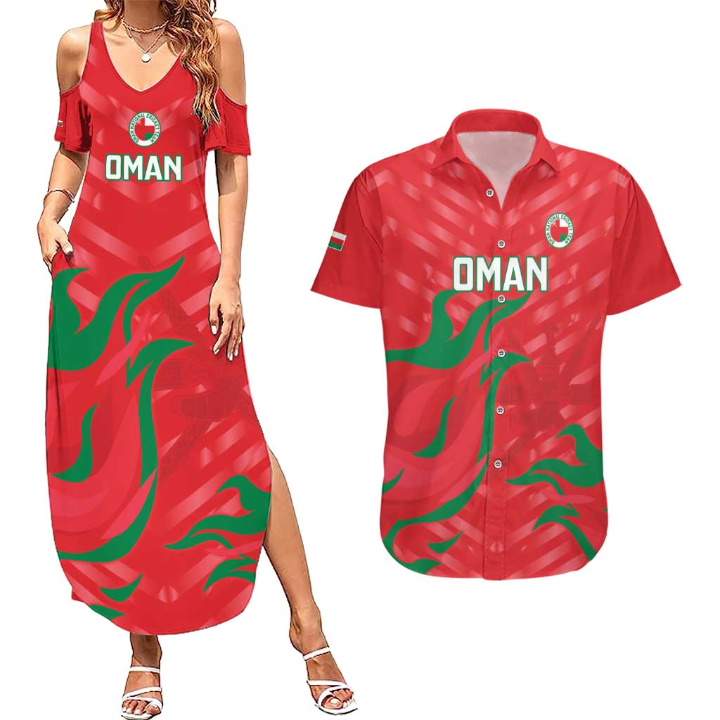 Custom Oman Cricket Couples Matching Summer Maxi Dress and Hawaiian Shirt Go Champions Strong Flame Style - Wonder Print Shop