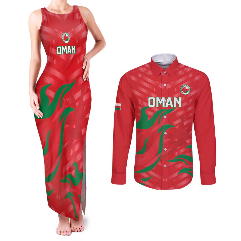 Custom Oman Cricket Couples Matching Tank Maxi Dress and Long Sleeve Button Shirt Go Champions Strong Flame Style - Wonder Print Shop