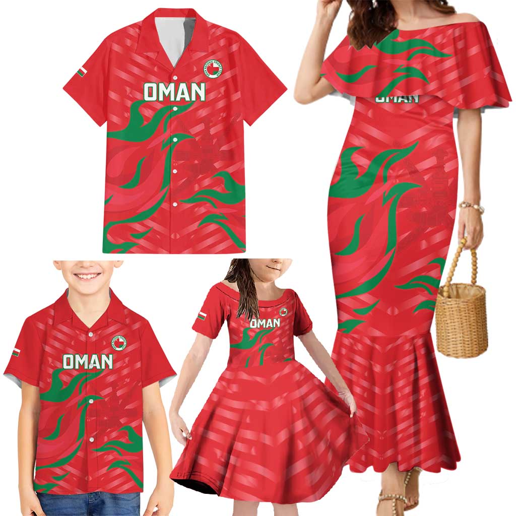 Custom Oman Cricket Family Matching Mermaid Dress and Hawaiian Shirt Go Champions Strong Flame Style - Wonder Print Shop