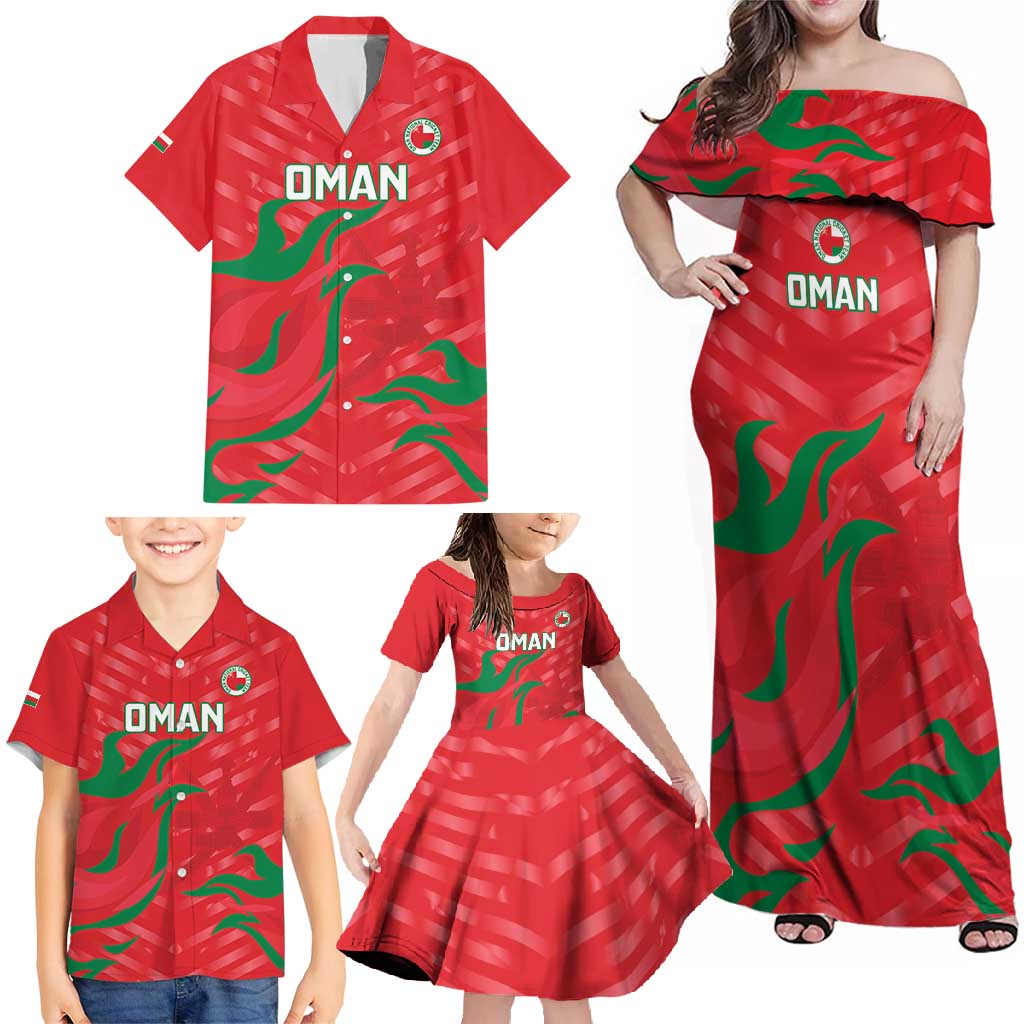 Custom Oman Cricket Family Matching Off Shoulder Maxi Dress and Hawaiian Shirt Go Champions Strong Flame Style - Wonder Print Shop