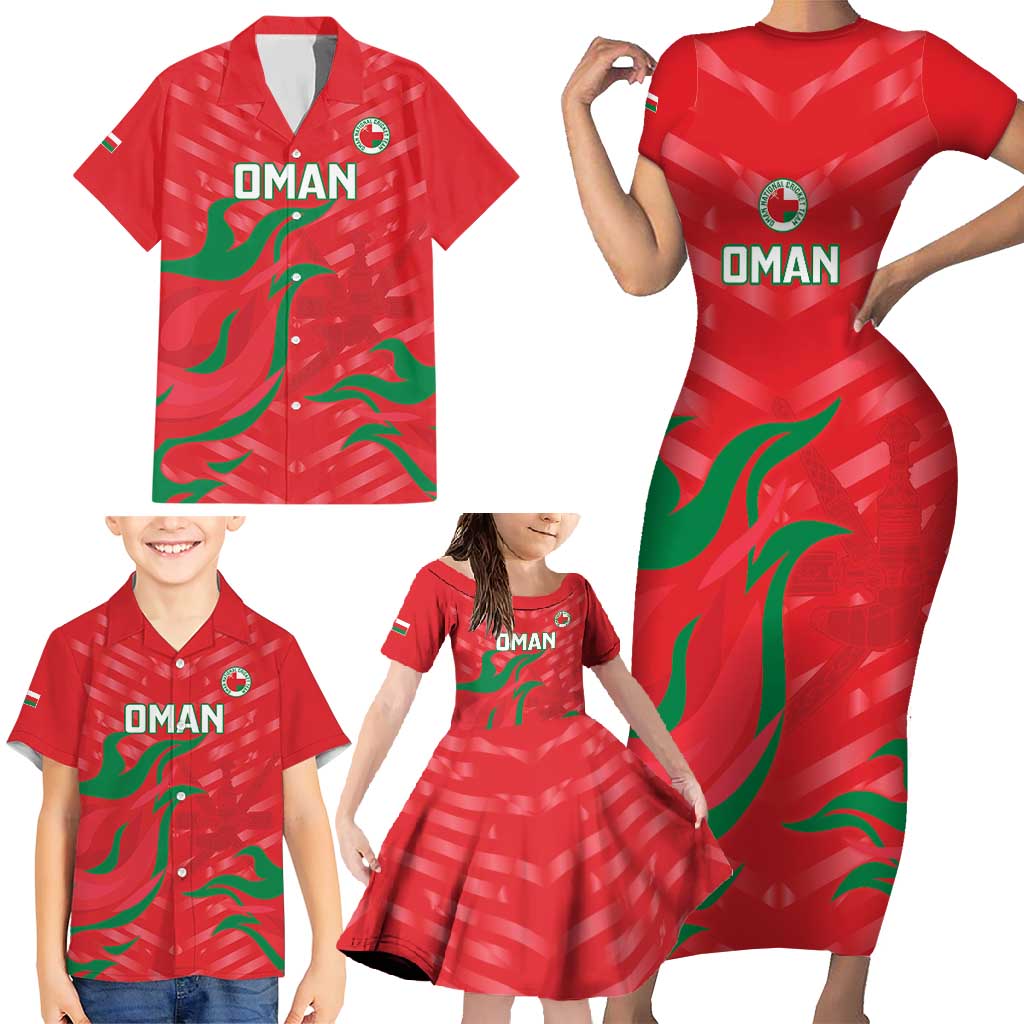 Custom Oman Cricket Family Matching Short Sleeve Bodycon Dress and Hawaiian Shirt Go Champions Strong Flame Style - Wonder Print Shop