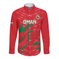 Red long-sleeve button cricket shirt with Oman crest and flag-style design