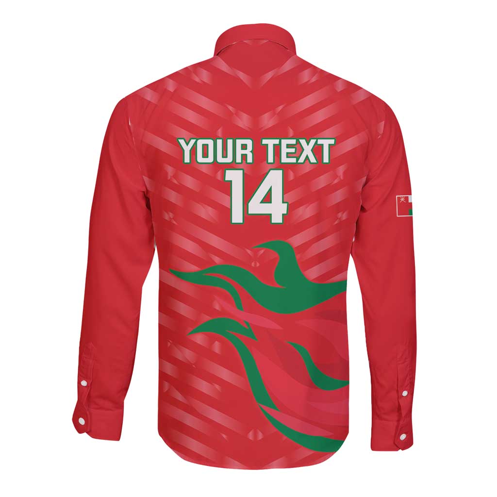 Red long-sleeve button cricket shirt back with YOUR TEXT 14 and flag design