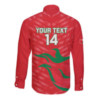 Red long-sleeve button cricket shirt back with YOUR TEXT 14 and flag design