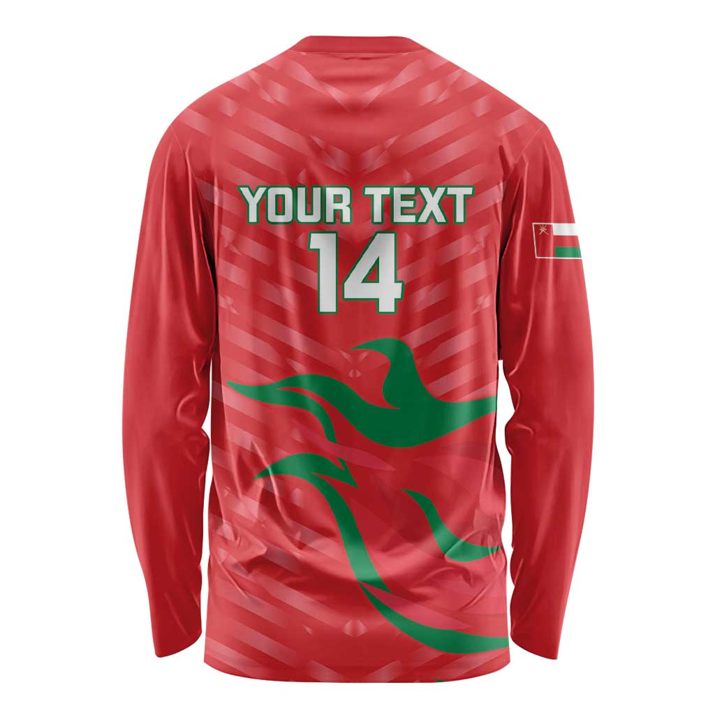 Red Oman cricket long-sleeve jersey back with 'YOUR TEXT', number 14, and flag graphic