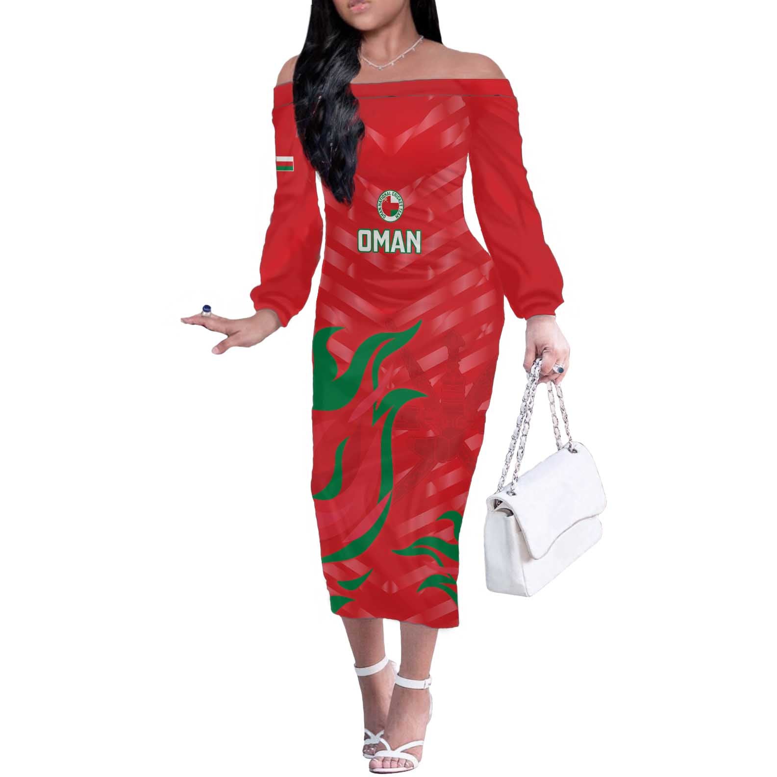 Custom Oman Cricket Off The Shoulder Long Sleeve Dress Go Champions Strong Flame Style - Wonder Print Shop