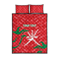 Red quilt bed set with matching pillow covers, green flame pattern, and white cross