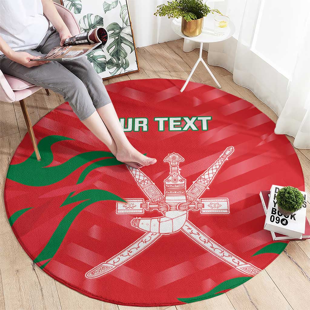Red round area rug with green leaf accents and white cross emblem design