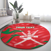 Red round carpet rug with green border accents and white cross emblem center