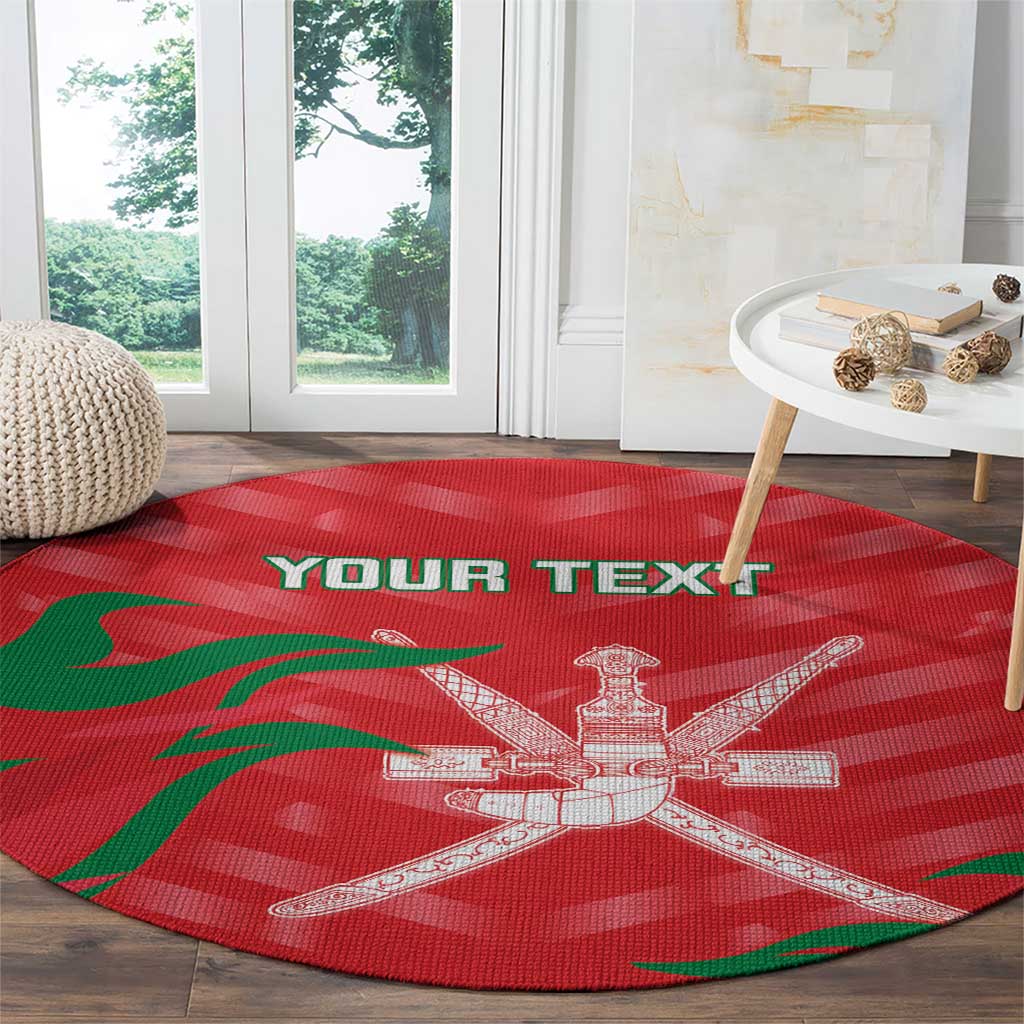 Red round area rug with green wave accents and white central cross design