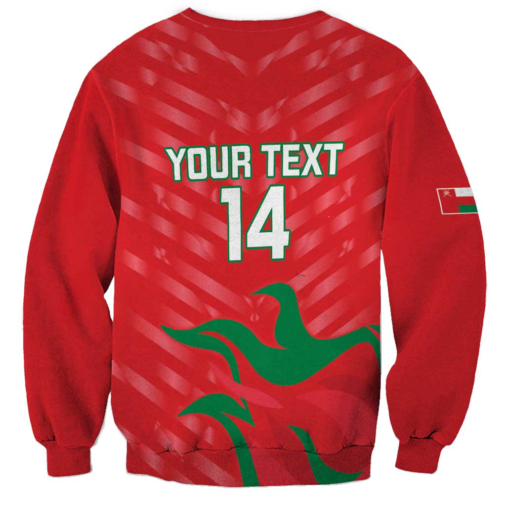 Red sweatshirt back with green flag graphic, YOUR TEXT, and large 14