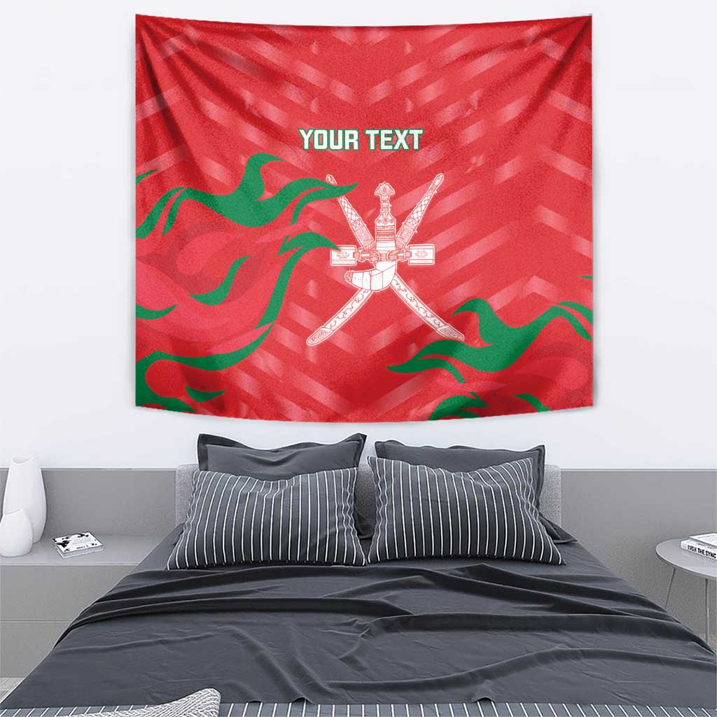 Red custom cricket wall tapestry with green wave border and crossed-bats trophy emblem