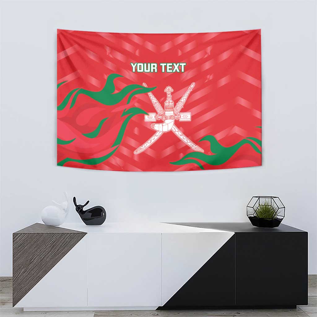 Red custom cricket tapestry featuring green waves and crossed-bats trophy emblem