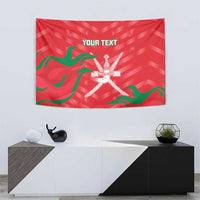 Red custom cricket tapestry featuring green waves and crossed-bats trophy emblem