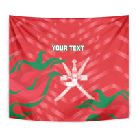 Red custom cricket tapestry close-up showing green waves and white crossed-bats emblem
