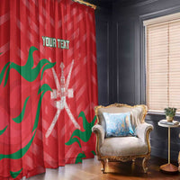Red curtain panel with Oman flag waves and white crest emblem, custom text near top.